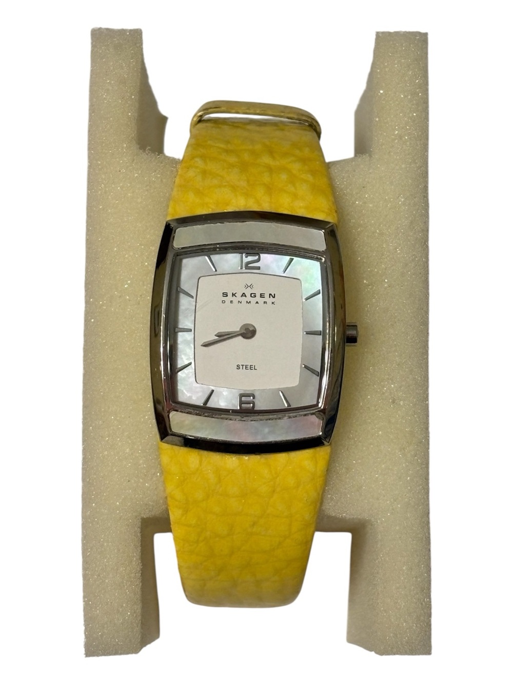 SKAGEN Denmark Stainless Steel Watch Yellow Leather Band Vintage